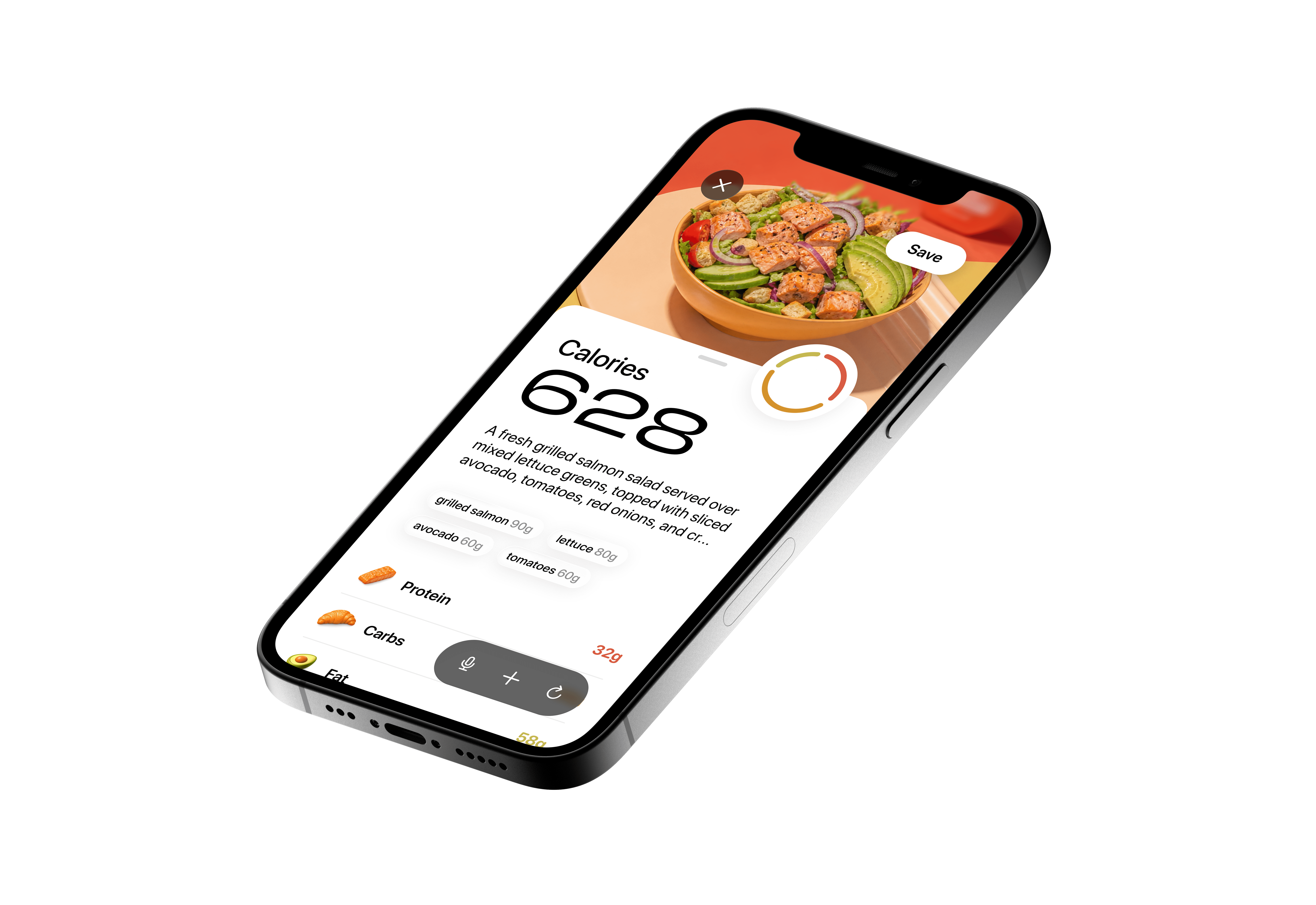 Waaala app showing calorie analysis for a salmon bowl